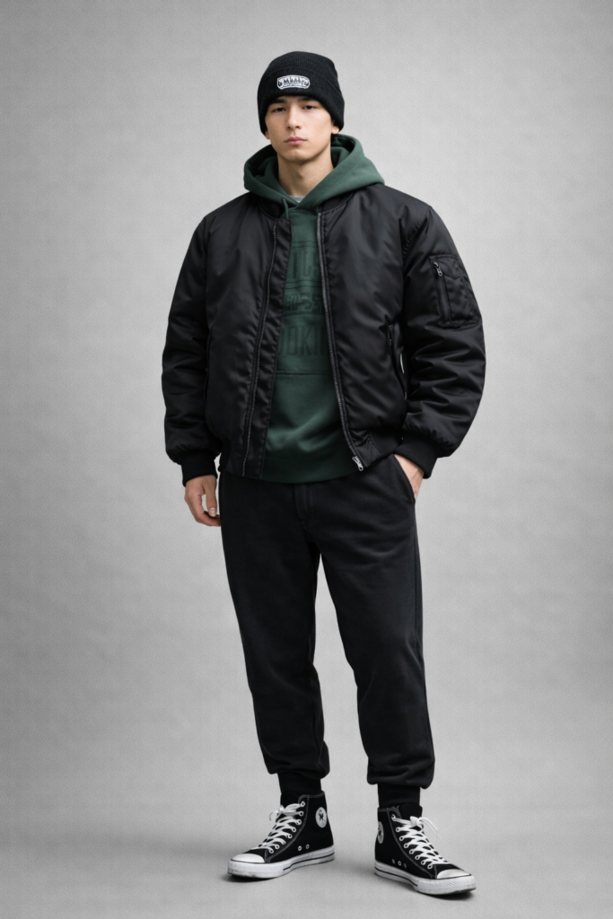 남자 겨울 스트릿 룩 MA-1 항공점퍼 오버 후디 스웻팬츠 비니 컨버스 코디
