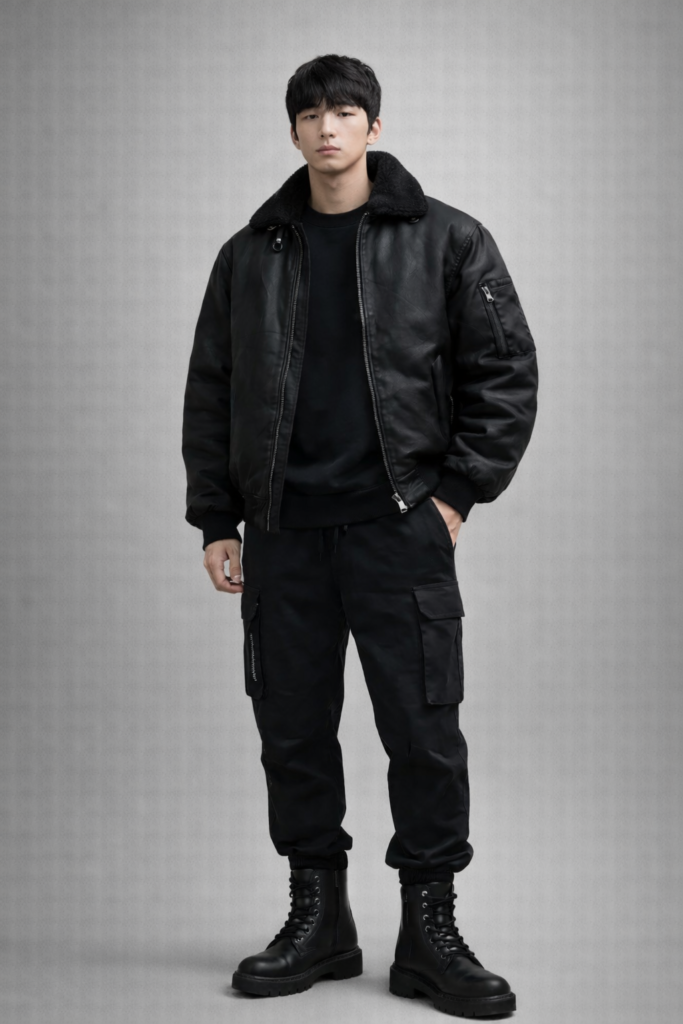 남자 겨울 스트릿 룩 레더 무스탕 카고팬츠 맨투맨 워커 코디