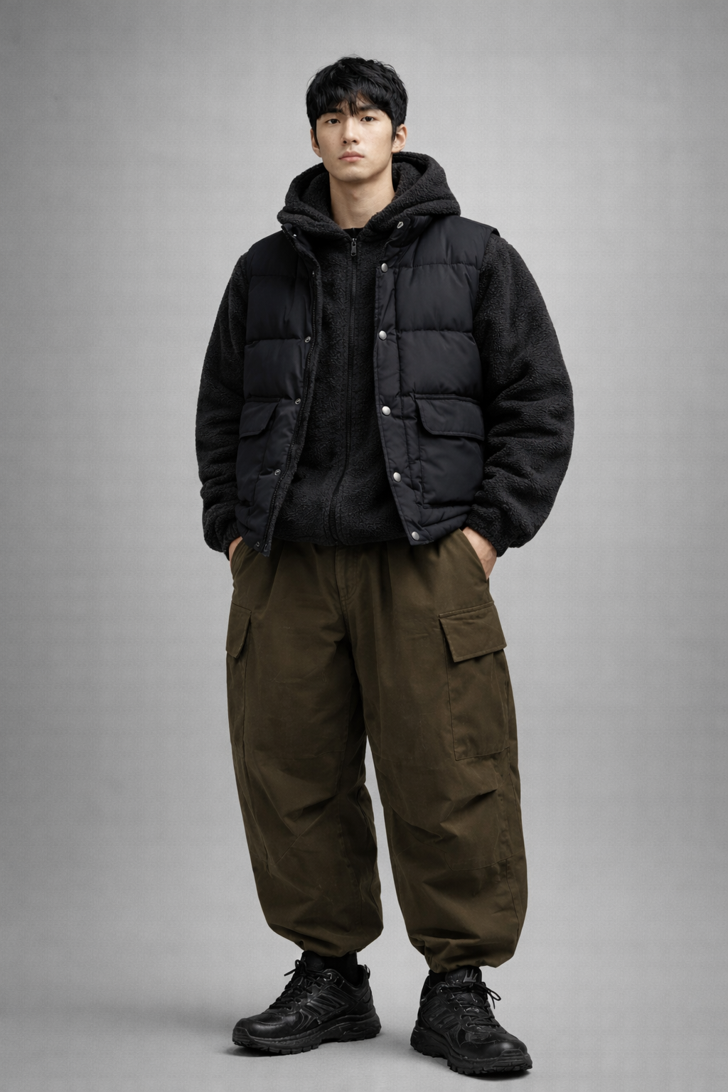 겨울 남자 스트릿 룩 차콜 플리스 후드 블랙 패딩 베스트 카키 벌룬 카고팬츠 올블랙 고프코어 러닝화 코디