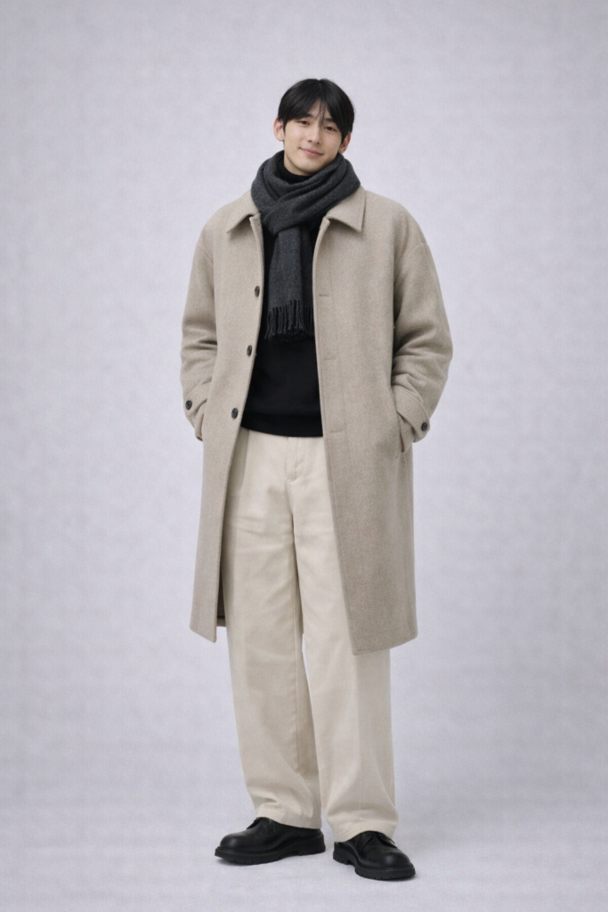 베이지 발마칸 코트와 두꺼운 머플러, 블랙 헤비 니트, 베이지 코듀로이 팬츠, 블랙 더비로 완성한 겨울 데이트룩