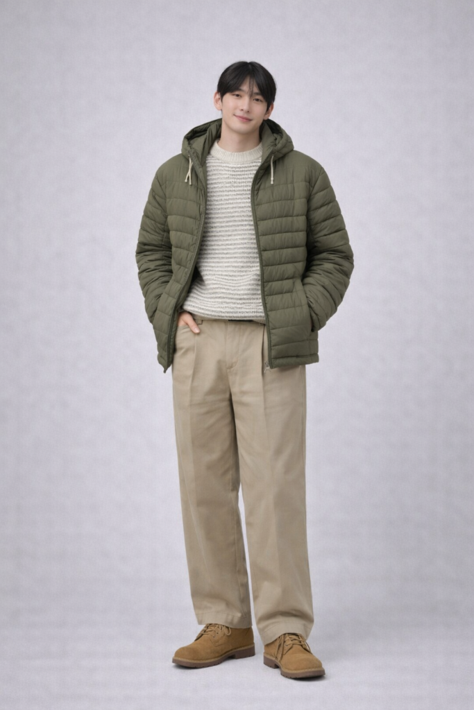 카키 퀼팅 자켓과 니트, 베이지 치노 팬츠, 스웨이드 처커부츠 조합의 겨울 남자 데이트 코디