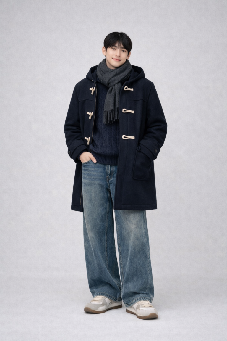 네이비 코트와 그레이 머플러, 울 니트와 청바지, 독일군 스니커즈로 완성한 겨울 남자 데이트룩